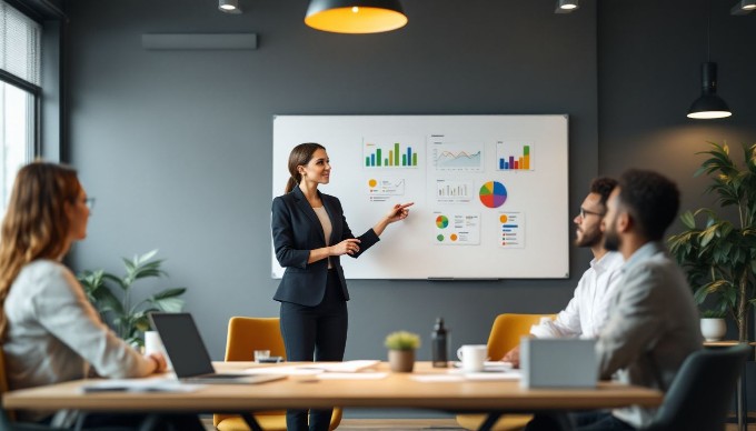 A businesswoman presenting her ideas to a small group of colleagues in a contemporary office space, with a whiteboard and charts in the background.