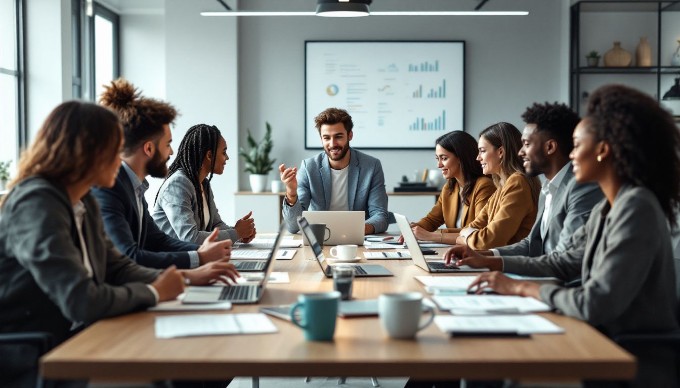 A diverse group of professionals collaborating in a modern office setting, discussing ideas around a table with laptops and notepads.