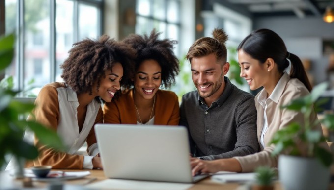 A diverse group of professionals collaborating in a modern office space, discussing ideas and looking at a laptop. The team includes a Black woman, a Hispanic man, and an Asian woman, all dressed in business casual attire, surrounded by plants and bright natural light.