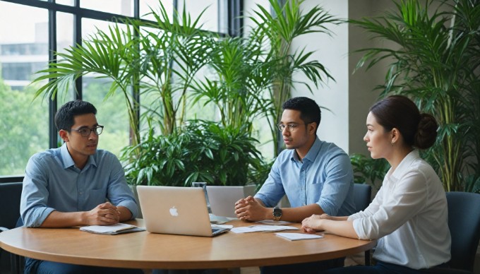 A diverse group of professionals collaborating in a modern office space, discussing ideas and looking at a laptop. The team includes a Black woman, a Hispanic man, and an Asian woman, all dressed in business casual attire, surrounded by plants and bright natural light.