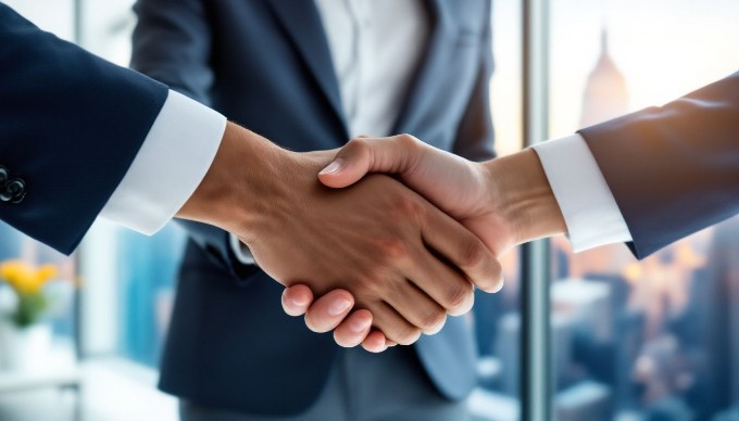 A close-up of two business partners shaking hands in a corporate office setting, with a city skyline visible through the window behind them.