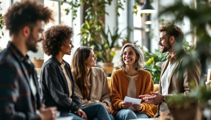 En gruppe diverse professionelle mennesker, der samarbejder i et moderne kontormiljø. De diskuterer ideer ved et langt bord med laptops og papirer spredt ud. Farverigt tøj i en afslappet stil tilføjer liv til billedet.