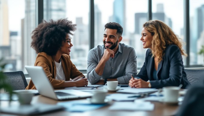 A diverse group of professionals collaborating in a modern office setting, discussing ideas around a table with laptops and documents.