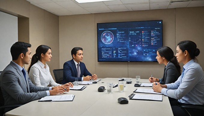 A focused businesswoman presenting a project to her colleagues in a stylish conference room, with a digital screen displaying graphs and data analysis behind her.