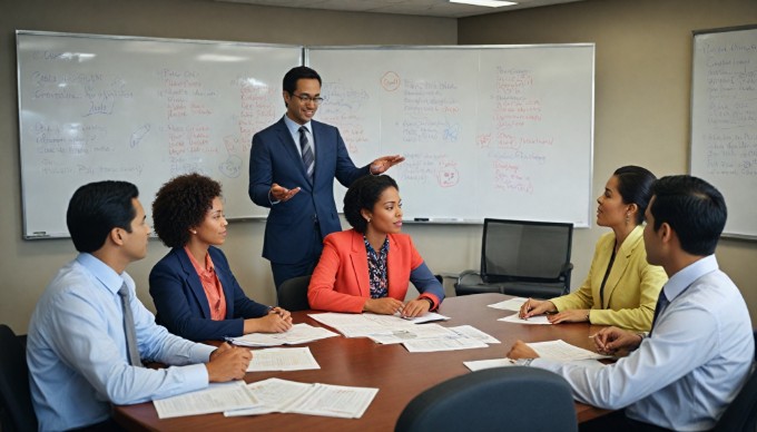 A mixed-gender team of corporate professionals brainstorming in a bright, modern meeting room. The team consists of an Asian man in a suit, a Black woman wearing a colorful blouse, and a Hispanic woman with long hair in a smart jacket, all gathered around a whiteboard filled with notes and diagrams, smiling and exchanging ideas.