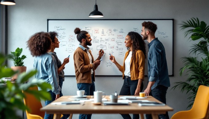 A close-up of a diverse team of employees brainstorming ideas on a whiteboard in a corporate office, showcasing teamwork and creativity.