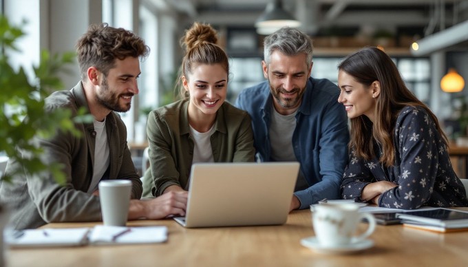 En gruppe diverse medarbejdere i et moderne kontormiljø, der samarbejder om et projekt. De har farverige, afslappede outfits og ser engagerede ud, mens de diskuterer over en laptop.