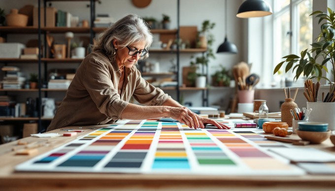 An engaging demonstration of analogous color contrast in a creative workspace featuring various color samples.