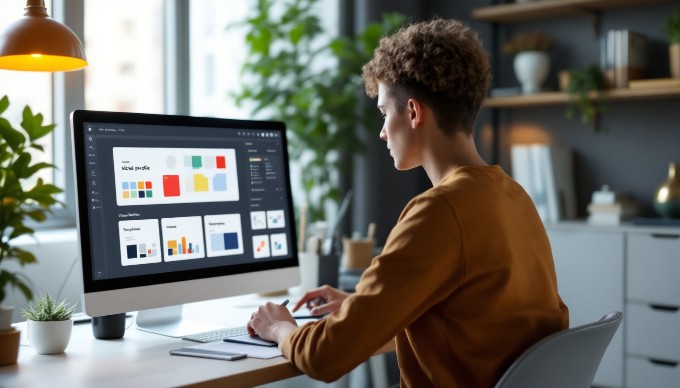 An individual analyzing visual branding elements on a computer in a professional workspace.