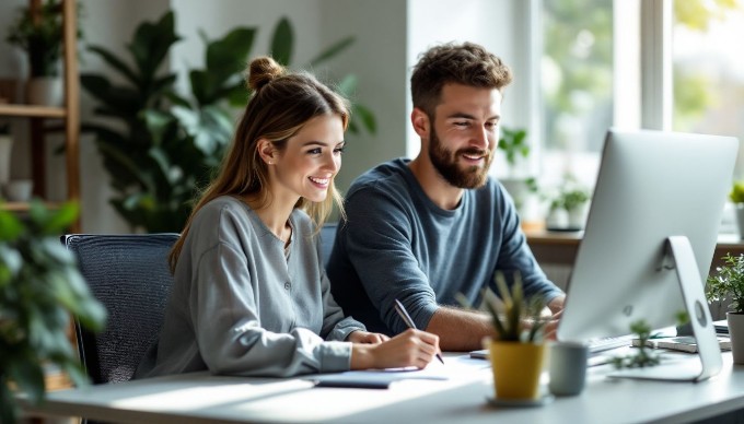 En kvinde og en mand, der arbejder sammen på en computer i et lyst kontormiljø. Begge har farverigt tøj og smilende ansigtstræk.