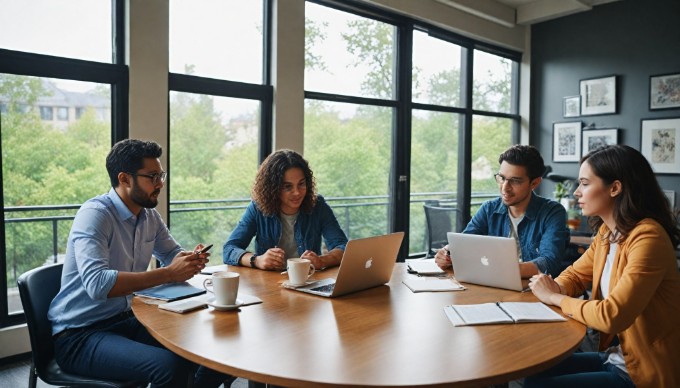 A diverse group of professionals collaborating in a modern office setting, brainstorming ideas around a table with laptops and notebooks.