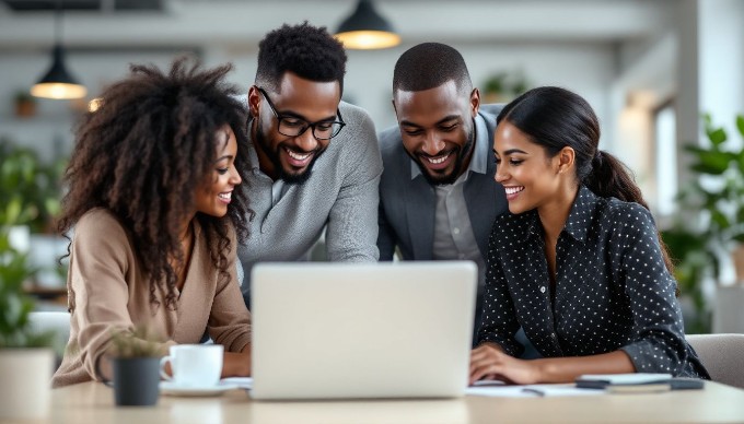 A diverse group of professionals collaborating in a modern office space, discussing over a laptop and notepad, with large windows allowing natural light to flood the room.