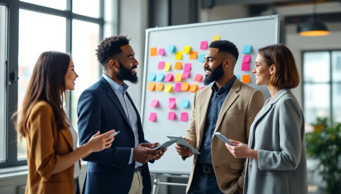 A multi-ethnic team of employees brainstorming in a bright, contemporary workspace, with sticky notes and digital devices around them.