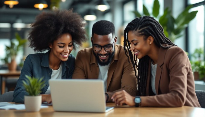 A diverse group of professionals collaborating in a modern office setting, discussing a project over a laptop. The team consists of a Black woman, a Hispanic man, and a South Asian woman, all dressed in smart casual attire, with a bright, airy office background featuring plants and large windows.