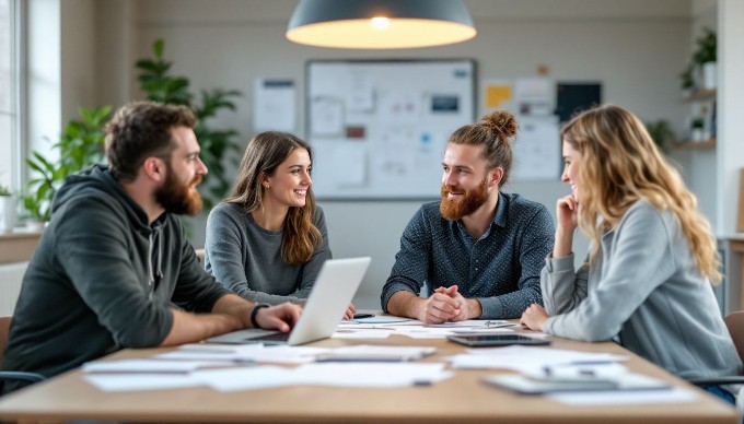 En kreativ brainstorm-session i et kontor, hvor mennesker i forskelligt tøj diskuterer ideer ved et bord.