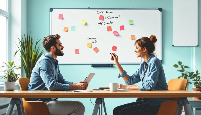 To personer, der holder en brainstorming-session i et kreativt kontorlandskab.