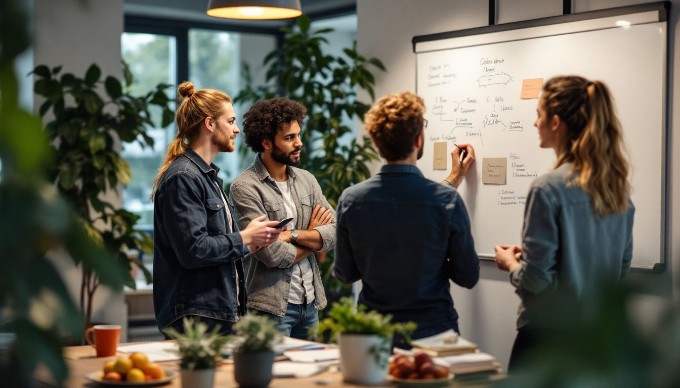 En gruppe medarbejdere deltager i en kreativ brainstorming-session i et lyst og indbydende kontor.