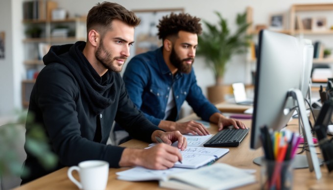 To personer arbejder koncentreret ved et skrivebord med computere og notesblokke.