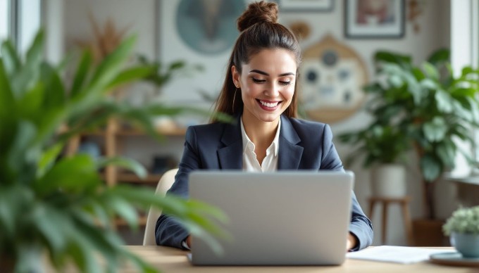 A close-up of a businesswoman smiling and working on a laptop in a bright, contemporary office setting, with plants and art on the walls in the background.