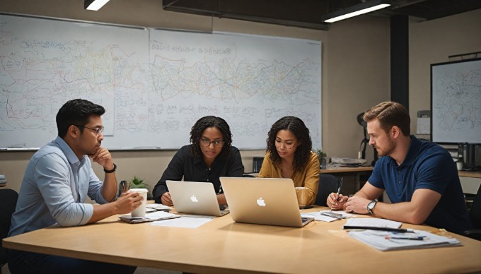 A diverse group of professionals collaborating in a modern office setting, discussing ideas over a laptop.