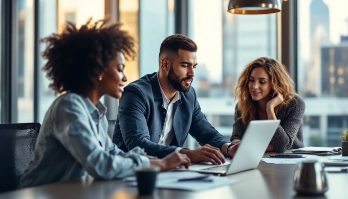 A diverse group of professionals collaborating around a modern conference table, with laptops and documents spread out, in a bright corporate office environment.