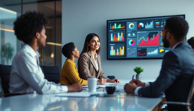 A focused businesswoman presenting a project to her colleagues in a stylish conference room, with a digital screen displaying graphs and data analysis behind her.