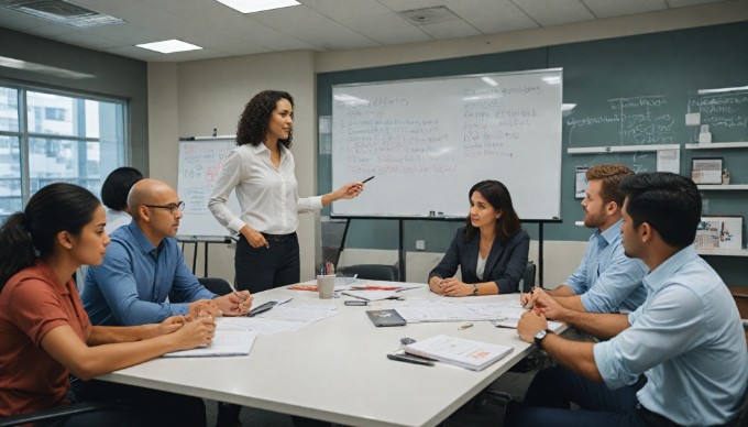 A diverse team of employees brainstorming ideas on a whiteboard in a corporate office, showcasing teamwork and collaboration.