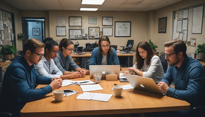 A diverse group of professionals working together in a modern office space, engaged in a brainstorming session with laptops and notepads.