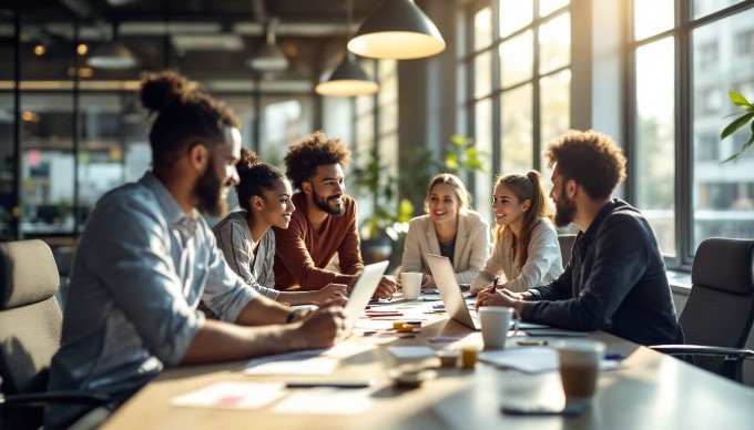 A diverse group of professionals collaborating in a modern office space, discussing ideas around a table with laptops and documents.