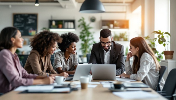 A diverse group of professionals working together in a modern office space, engaged in a brainstorming session with laptops and notepads.