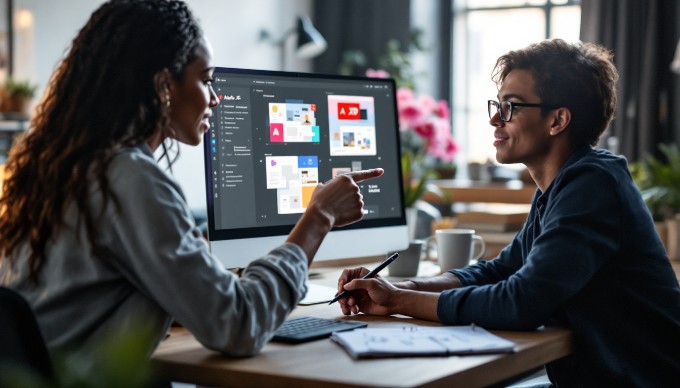 To design with Adobe XD templates, two individuals collaborate at a modern office desk, reviewing designs on a computer screen.