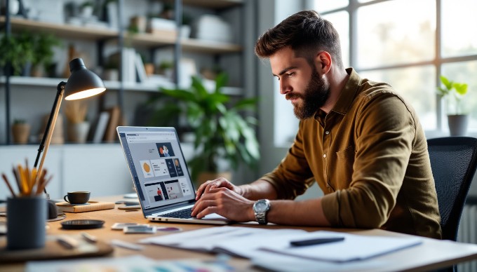 A designer customizing Adobe XD templates in a bright and organized workspace.