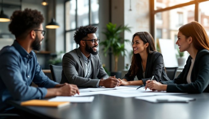 A diverse group of professionals collaborating in a modern office environment, discussing ideas around a conference table with laptops and documents spread out.