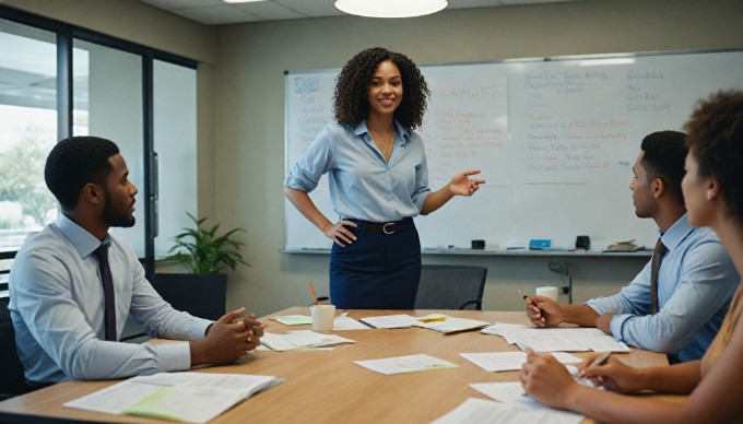 A close-up of a businesswoman leading a team meeting in a stylish office, with colleagues listening attentively and taking notes, showcasing a vibrant and productive work environment.