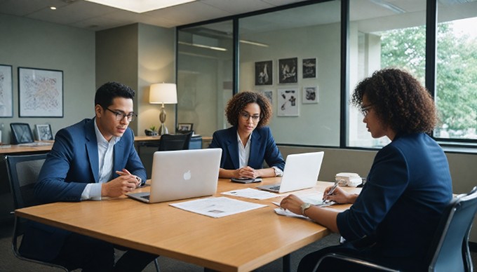 A diverse group of professionals collaborating in a modern office space, discussing ideas with laptops and documents spread across a large table. The individuals include a Black woman with curly hair in a blazer, a Hispanic man with glasses in a casual shirt, and a Caucasian woman with straight hair in a smart dress, all engaged in a productive conversation.