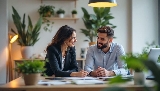 En ung kvinde og mand, der diskuterer ideer ved et konferencebord i et stilfuldt kontor, omgivet af planter og teknologi.