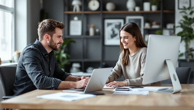 To personer, der diskuterer idéer over en bærbar computer i et stilrent kontormiljø, omgivet af kreative materialer.