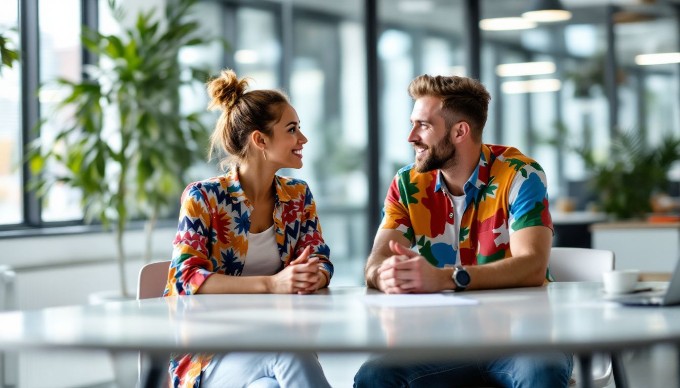 En kvinde og en mand, der diskuterer ideer ved et konferencebord i et lyst kontor, begge iført afslappet og farverigt tøj.