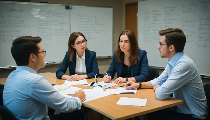 To kvinder og en mand, der diskuterer idéer ved et konferencebord i et professionelt kontormiljø. De ser glade og fokuserede ud, omgivet af teknologi og dokumenter.