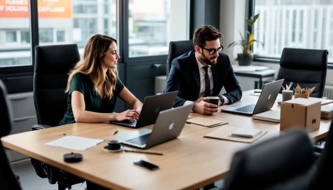 To kvinder og en mand, der diskuterer idéer ved et konferencebord i et professionelt kontormiljø. De ser glade og fokuserede ud, omgivet af teknologi og dokumenter.