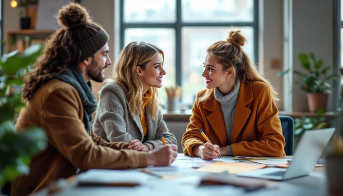 To kvinder og en mand, der diskuterer ideer ved et skrivebord i et stilfuldt kontor. Deres tøj er farverigt og afslappet, og der er en atmosfære af kreativitet og samarbejde.