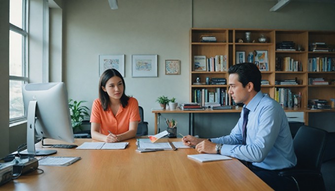 En kvinde og en mand diskuterer ved et skrivebord i et stilrent kontor, begge iført farverige business casual tøj.