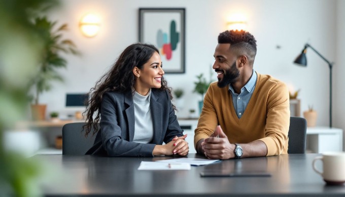 En kvinde og en mand diskuterer ved et skrivebord i et stilrent kontor, begge iført farverige business casual tøj.