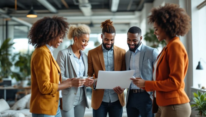 En gruppe diverse professionelle personer, der samarbejder om et projekt i et moderne kontormiljø.