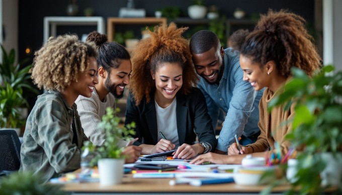 En gruppe diverse professionelle mennesker, der arbejder sammen ved et moderne kontorbord, omgivet af planter og farverige kontorartikler.