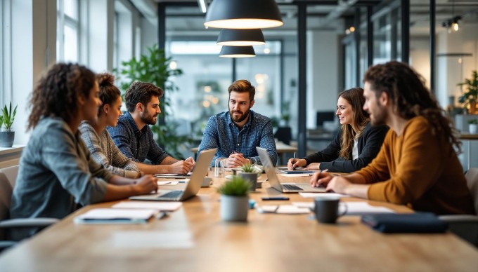 En gruppe diverse professionelle mennesker, der samarbejder om et projekt i et moderne kontormiljø.