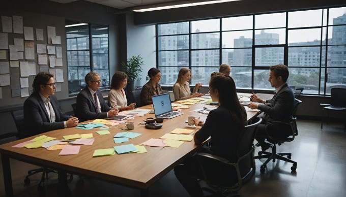 A diverse group of professionals collaborating in a modern office space, discussing ideas around a table with laptops and documents.