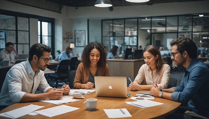 A diverse group of professionals collaborating in a modern office space, discussing over a laptop and taking notes, with large windows allowing natural light to fill the room.