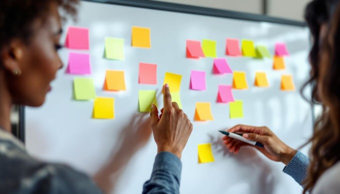 A close-up of hands from a diverse group of professionals brainstorming on a whiteboard filled with colorful sticky notes. The hands include those of a Black woman, a Middle-Eastern man, and a Caucasian woman, all showcasing collaboration and creativity in a corporate environment.