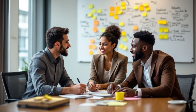 A team of multi-ethnic coworkers brainstorming ideas in a modern conference room, with sticky notes and a whiteboard in the background.